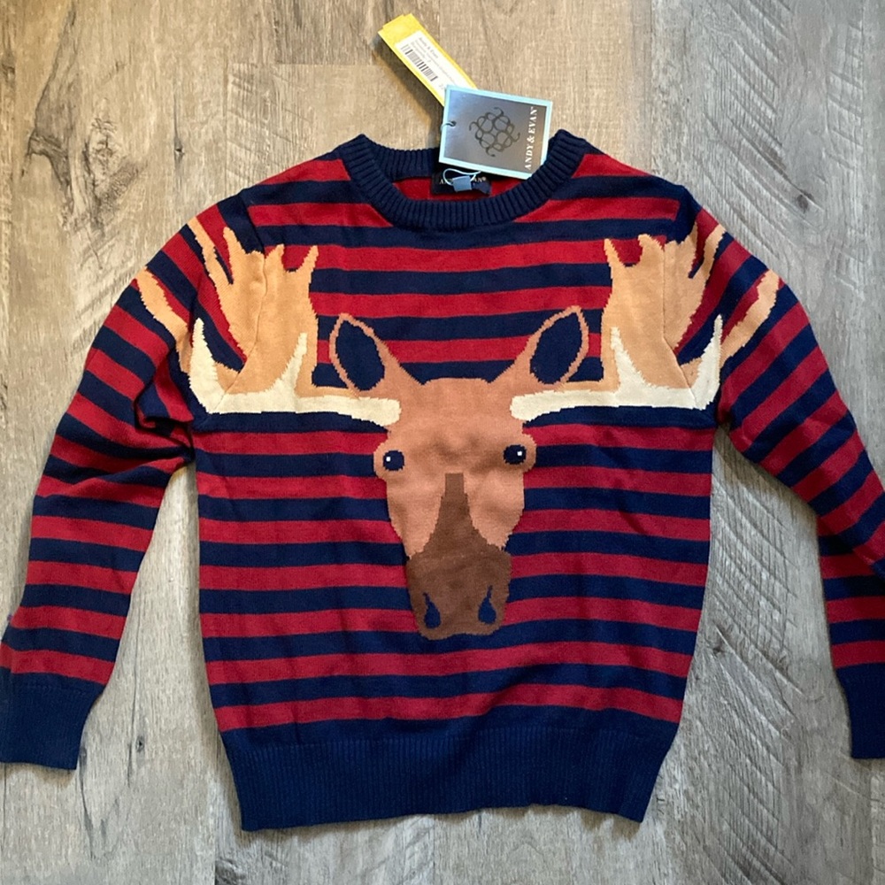 NWT Andy & Evan Striped Moose Graphic Sweater in Red Size 7